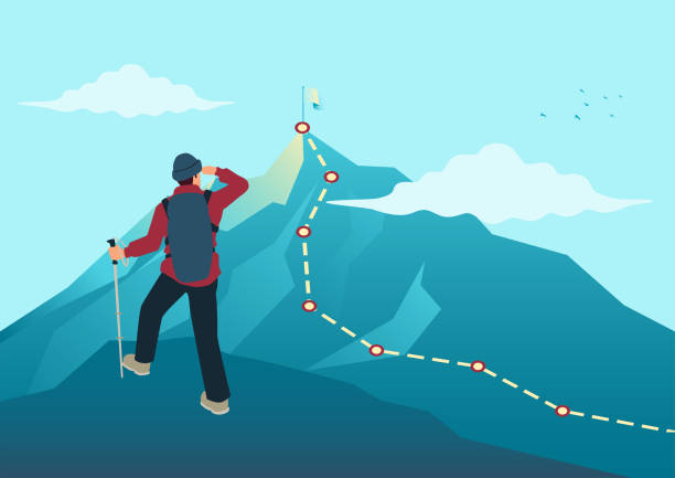 człowiek na szczycie skały patrząc na szczyt góry - mountain climbing illustrations stock illustrations