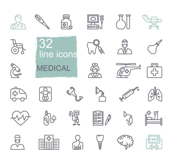 Set of medical icons. Thin linear vector symbols on the theme of diagnostics, treatment, and hospitals. Set of medical icons. Thin linear vector symbols on the theme of diagnostics, treatment, and hospitals. farmacia stock illustrations