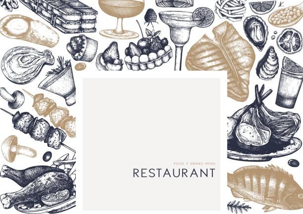 Restaurant food vector frame. Hand drawn drinks, meat, seafood, fish, vegetables and desserts illustrations. Food and drinks design top view. Vintage engraved background for restaurant or cafe menu.
