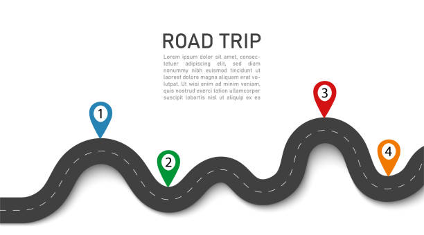 ilustrações de stock, clip art, desenhos animados e ícones de road trip. 3d journey with gps navigation, location in street. winding way map. asphalt for car in highway. travel on taxi. infographic for path. transport traffic route. road taxi background. vector - highway street road speed
