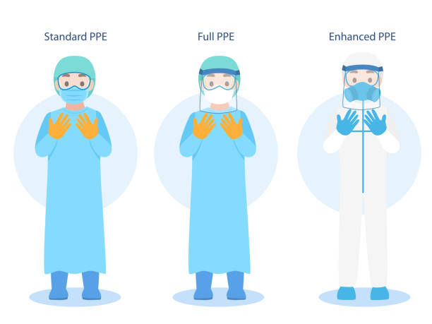 ppe個人的な保護スーツの着用の医者のキャラクターのセット 衣類分離および安全装置 - protective workwear点のイラスト素材／クリップアート素材／マンガ素材／アイコン素材