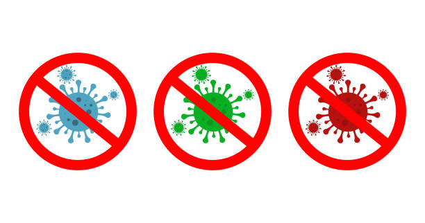 ilustrações de stock, clip art, desenhos animados e ícones de virus icons. stop corona. sign bacteria danger. antibacterial protection. cell microbe infection. warning coronavirus. blue, green, red symbol of quarantine. sign antiseptic and prevention. vector - anti bacteria