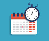 Calendar with time clock icon. Clock time calendar. Date of schedule. Deadline and meeting concept. Time countdown. Reminder of holiday. Finance timer, organizer. Appointment in year, month. Vector.
