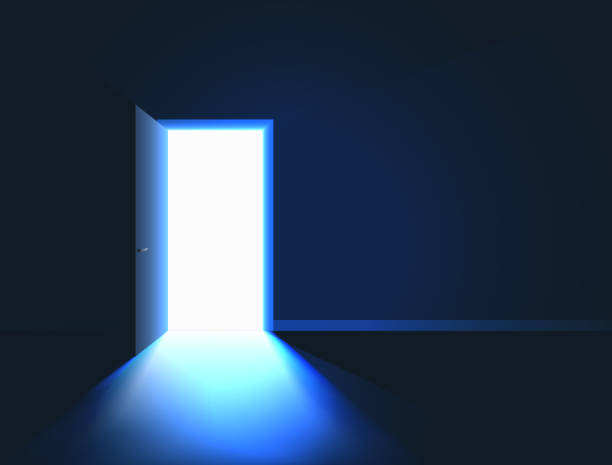 istock Bright light in room through open door. Open Door in dark room symbol of hope or exit. Vector illustration 1217170534