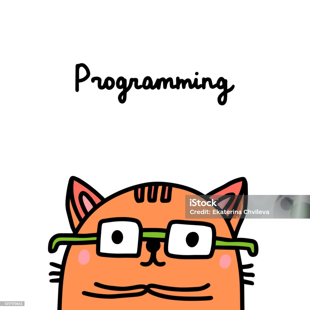 Cat Programming Coding Hand Drawn Vector Illustration In Cartoon Comic ...