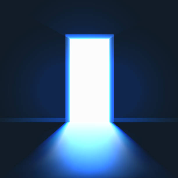 istock Open Door in dark room symbol of hope or solution. Bright light in room through open door. Vector illustration 1217170629