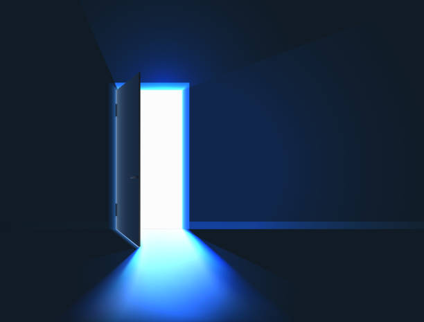 istock Bright light in room through open door. Open Door in dark room. Vector illustration 1217171261