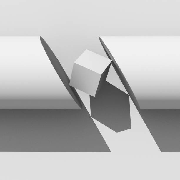 istock Parts of cylinder connected by cube. Abstract sculpture. Modern art. Visualization of three dimensional geometric design. Black and white rendering of 3d model with shadows. Perspective view. 1217171299