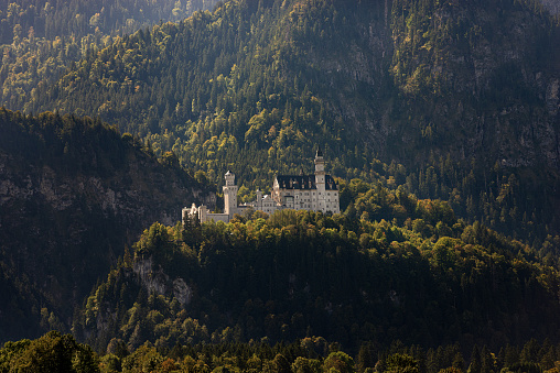 Schwangau, Germany - September 9th, 2018: The famous Neuschwanstein Castle (New Swanstone Castle - Schloss Neuschwanstein XIX century), landmark in the Bavarian Alps, Germany. One of the most visited castles in Europe.