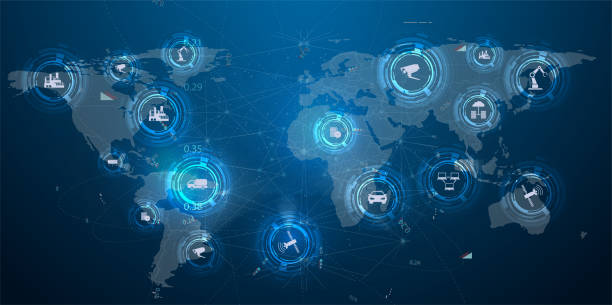 モノのインターネット (iot) と接続されたデバイスのネットワークの概念。未来的な青の背景にネットワーク接続のスパイダーウェブ。情報技術。モバイル接続、通信 - spider web computer network internet communication点のイラスト素材／クリップアート素材／マンガ素材／アイコン素材