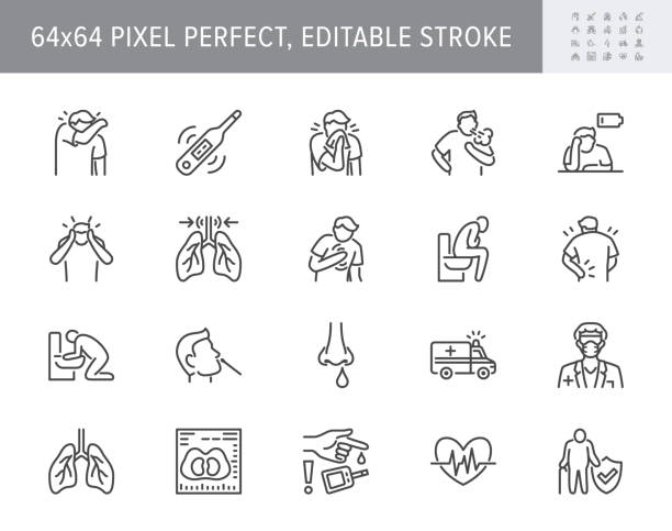 illustrazioni stock, clip art, cartoni animati e icone di tendenza di coronavirus, i sintomi del virus della canna fumaria allineano le icone. illustrazione vettoriale inclusa icona - tosse, febbre, tac polmonare, pittogramma contorno di prevenzione della polmonite per infografica 64x64 pixel perfect editable stroke - sintomo