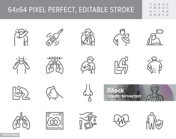 Coronavirus Flue Virus Symptoms Line Icons Vector Illustration Included Icon Cough Fever Lung Ct Scan Pneumonia Prevention Outline Pictogram For Infographic 64x64 Pixel Perfect Editable Stroke Stock Illustration - Download Image Now