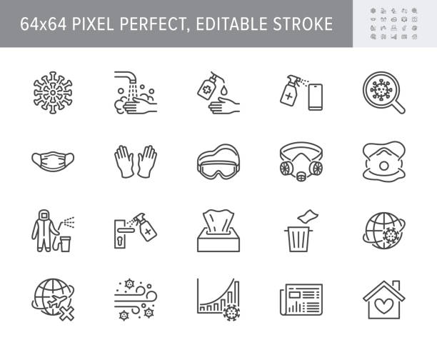 ilustraciones, imágenes clip art, dibujos animados e iconos de stock de coronavirus, iconos de líneas de prevención de virus. ilustración vectorial incluyen icono - desinfección de manos de lavado, máscara facial, guantes dedesinfectante esquema pictograma para infografía 64x64 píxel perfect editable stroke - máscara protectora