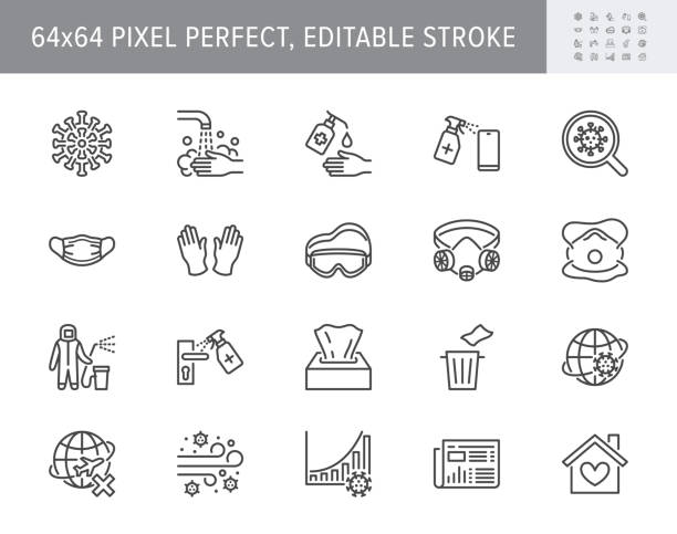 コロナウイルス、ウイルス防止ラインアイコン。ベクターイラストは、アイコンを含む - 洗い手消毒、フェイスマスク、消毒手袋インフォグラフィック64x64ピクセルパーフェクト編集可能ス� - 徹底的に洗う点のイラスト素材／クリップアート素材／マンガ素材／アイコン素材