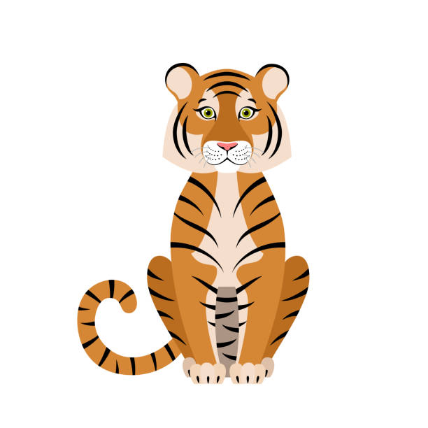 isolierte cartoon sitzen orange tiger auf weißem hintergrund. bunte freundliche tiger. tier lustige persönlichkeit. flaches design. - babytiger stock-grafiken, -clipart, -cartoons und -symbole