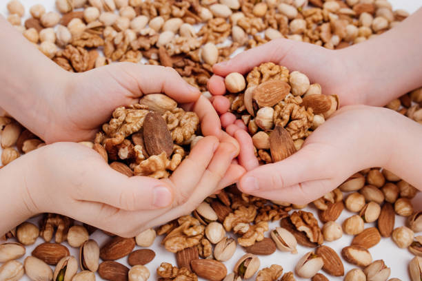 istock top view, Assorted nuts in the four child hands 1217174339
