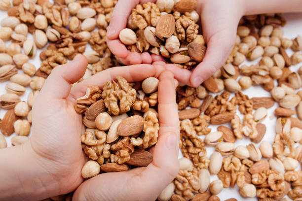 istock close up, Assorted nuts in the four child hands 1217175088
