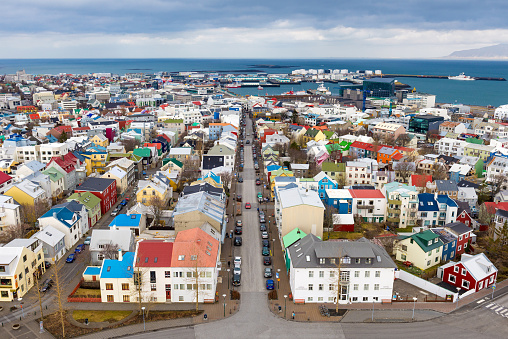Wide angle view of Reykjavik from Hallgrimskirkja, Iceland