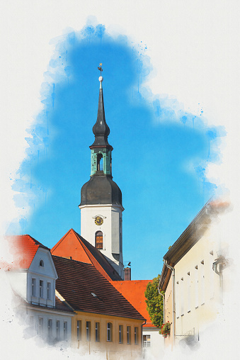 Watercolor of Spreewald Lübbenau or Lubbenau, Lehde - old town street with church\nWatercolor effect by Photoshop with my own photo as source