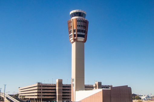 The air traffic control tower at Phoenix Sky Harbor International Airport was completed in 2006 and stands at 320 ft. An airport parking garage is located near its base.