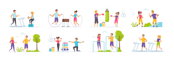 ilustrações de stock, clip art, desenhos animados e ícones de outdoor fitness set with people characters in various scenes. man and woman jogging and riding on roller skates in park. - healthy lifestyle men boxing dumbbell