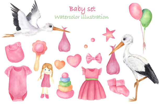 istock A set of Newborn girl elements, isolated object on the white background. 1217182338