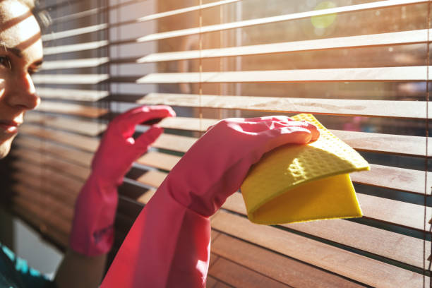 woman cleaning wooden window blinds from dust at home on sunny day woman cleaning wooden window blinds from dust at home on sunny day window blinds photos stock pictures, royalty-free photos & images