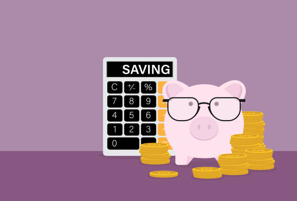 Piggy bank wears eyeglasses with a stack of coins and a calculator Accountancy, Adult, Bank, Banking, Saving, Currency piggy bank calculator stock illustrations
