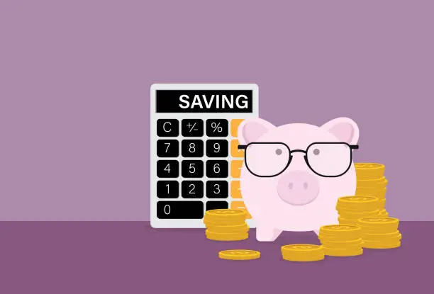 Vector illustration of Piggy bank wears eyeglasses with a stack of coins and a calculator