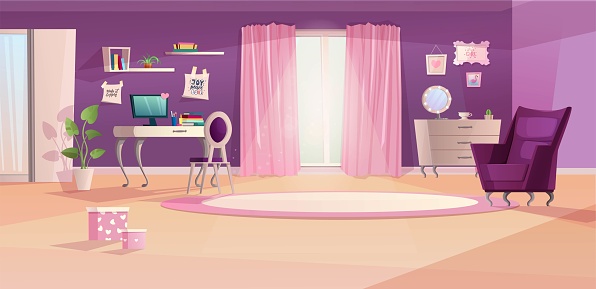 Girl Room Interior In Pink And Violet Colors Vector Cartoon Teenager Room  In Classic Style With Work Space Window Armchair Plant Spot And Pictures On  Wall Stock Illustration - Download Image Now -