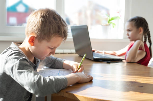 istock Distance lerning concept. Small blond boy doing task in notebook, his caucasian sister doing her task on laptop while coronavirus isolation 1217185367