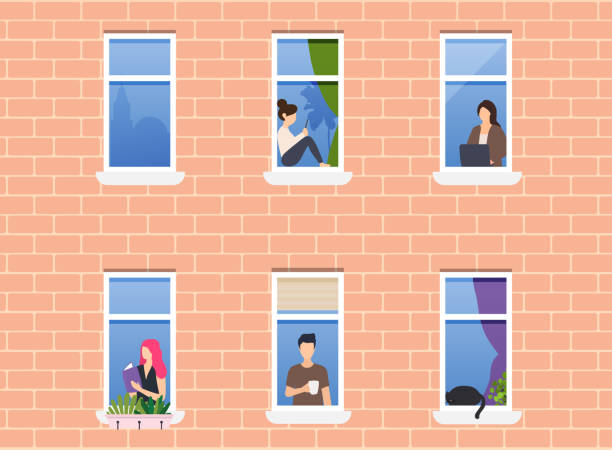 illustrazioni stock, clip art, cartoni animati e icone di tendenza di persone in cornici di finestre. personaggi delle persone vicine. esterno dell'edificio con finestre aperte e persone che vivono all'interno. - domestic cat undomesticated cat window house