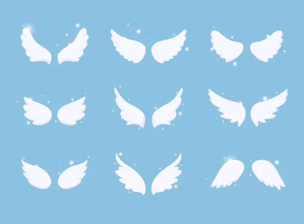 Vector illustration of Set of hand drawn bird or angel wings  with light effect. Different shape in open position.