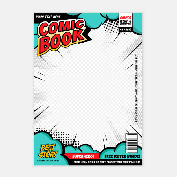 Comic book cover Editable comic book cover with abstract explosion background heroes illustrations stock illustrations
