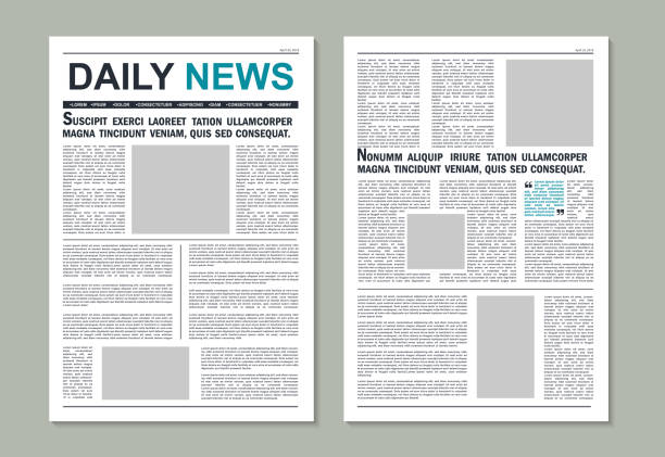 illustrazioni stock, clip art, cartoni animati e icone di tendenza di mockup della pagina del giornale. modello di giornale di registrazione newsletter con titolo per tipografia. editoriale cartaceo con articoli di colonna per la stampa. rivista stampa quotidiana per il background pubblicitario. vettore. - daily newspaper