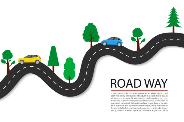 車、旅のための木とベクトル平らな道路のパス。スピード輸送のためのアスファルト高速道路線。長い地平線を持つ車両のロードトリップ。交通方向を持つ旅行コンセプト。トランスポート� - 道のり 長い点のイラスト素材／クリップアート素材／マンガ素材／アイコン素材