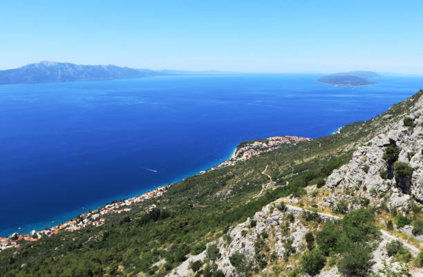 istock Memory for amazing trip in Split-Dalmatia mountains with this magical landscape with sea, Korula peninsula and Hvar island. Clear Mediterranean sea after banned forbidden large ships 1217191491