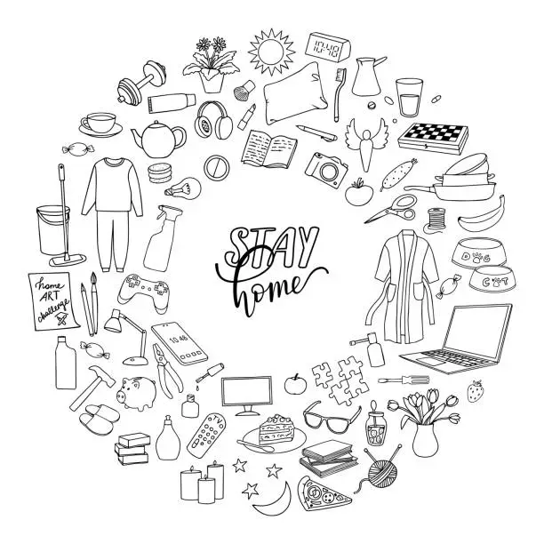 Vector illustration of Stay Home print with hand drawn home objects