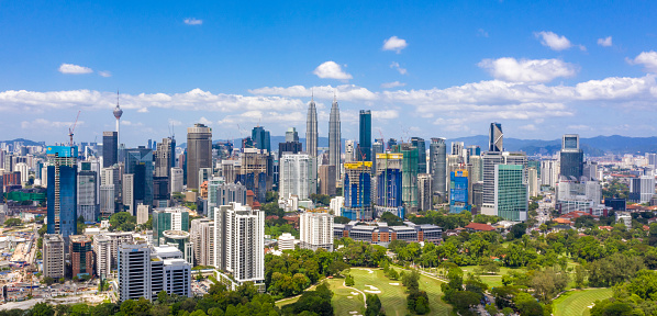 Kuala Lumpur, Malaysia - February 28, 2020: Aerial view of Kuala Lumpur city center skyline cityscape with The Exchange 106, Petronas KLCC Twin Towers and surrounding building.
