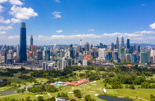 Kuala Lumpur, Malaysia - February 28, 2020: Aerial view of Kuala Lumpur city center skyline cityscape with The Exchange 106, Petronas KLCC Twin Towers and surrounding building.