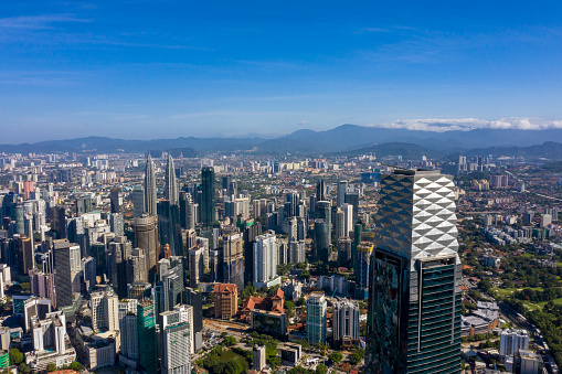 Kuala Lumpur, Malaysia - February 28, 2020: Aerial view of Kuala Lumpur city center skyline cityscape with The Exchange 106, Petronas KLCC Twin Towers and surrounding building.