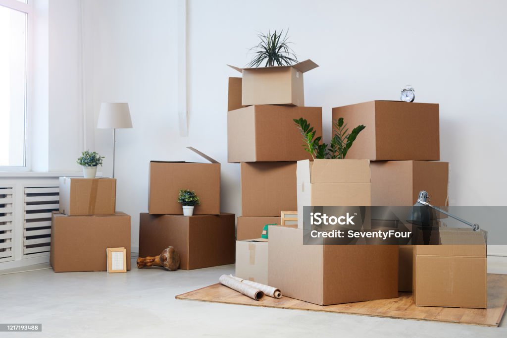 Cajas de cartón Fondo - Foto de stock de Reubicación libre de derechos