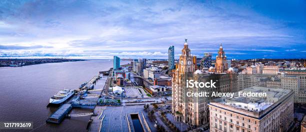 Aerial View Of Royal Liver Building England Stock Photo - Download Image Now - Liverpool - England, City, UK