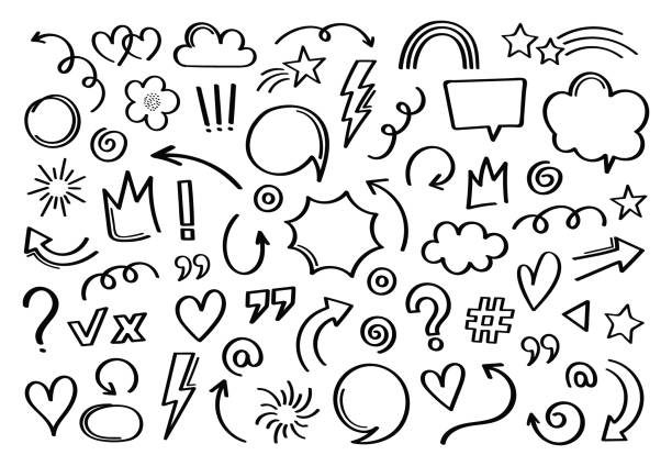 Super set different hand drawn element. Collection of arrows, crowns, circles, doodles on white background. Vector graphic design Super set different hand drawn element. Collection of arrows, crowns, circles, doodles on white background. Vector graphic design. distance marker stock illustrations