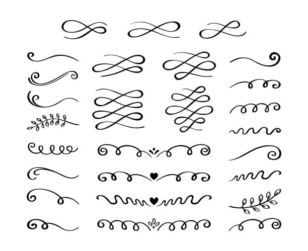 Ornament hand drawn divider collection. Vintage lines and borders. Doodle swirls and curls design elements. Vector illustration Ornament hand drawn divider collection. Vintage lines and borders. Doodle swirls and curls design elements. Vector illustration. swirly vines stock illustrations