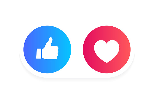 Thumbs up and heart label on a white background. Social media icons. Modern vector illustration.