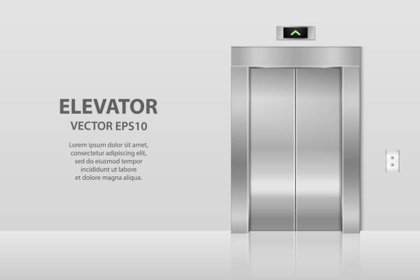 istock Vector 3d Realistic Blank Empty Closed Steel, Chrome, Silver Metal Office Building Lift Elevator Doors with Buttons on Gray Wall. Floor interior mockup. Business Concept. Front View 1217194423