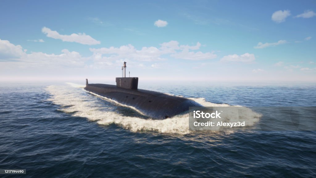 Heavy atomic submarine floating in ocean Heavy atomic submarine floating in ocean 3d illustration Submarine Stock Photo