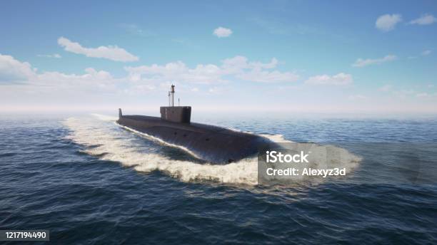 Heavy Atomic Submarine Floating In Ocean Stock Photo - Download Image Now - Submarine, Undersea, Navy