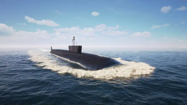 Heavy atomic submarine floating in ocean 3d illustration